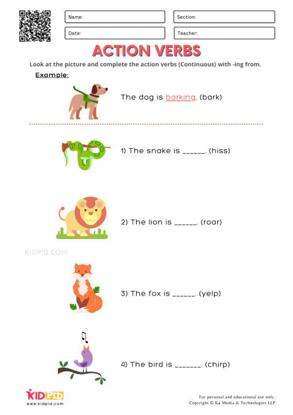 Action Verbs ending in "ing" Printable Worksheets for Grade 1