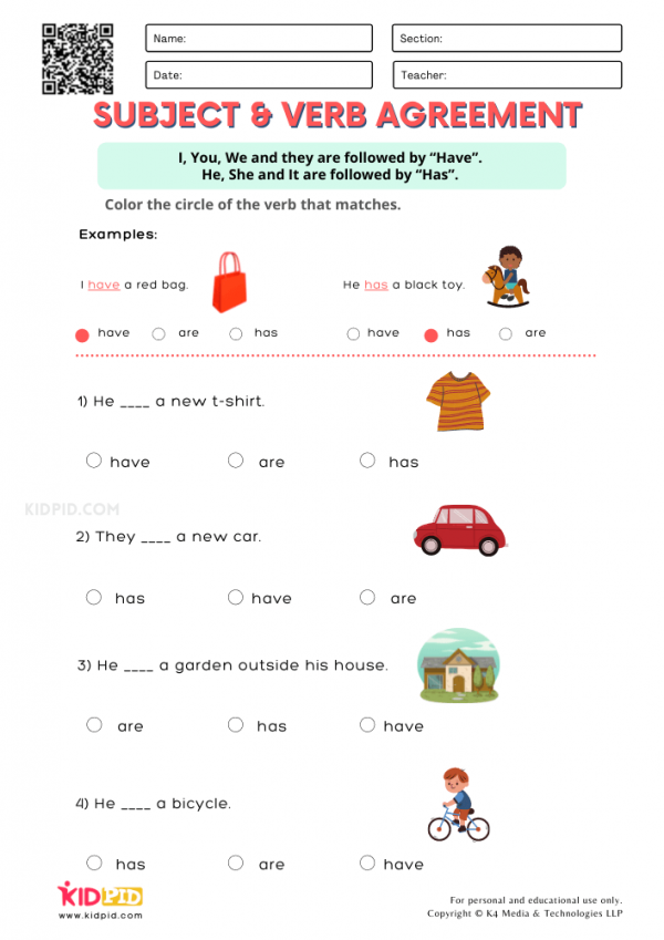 Agreement of Subjects & Verb Printable Worksheets for Grade 2