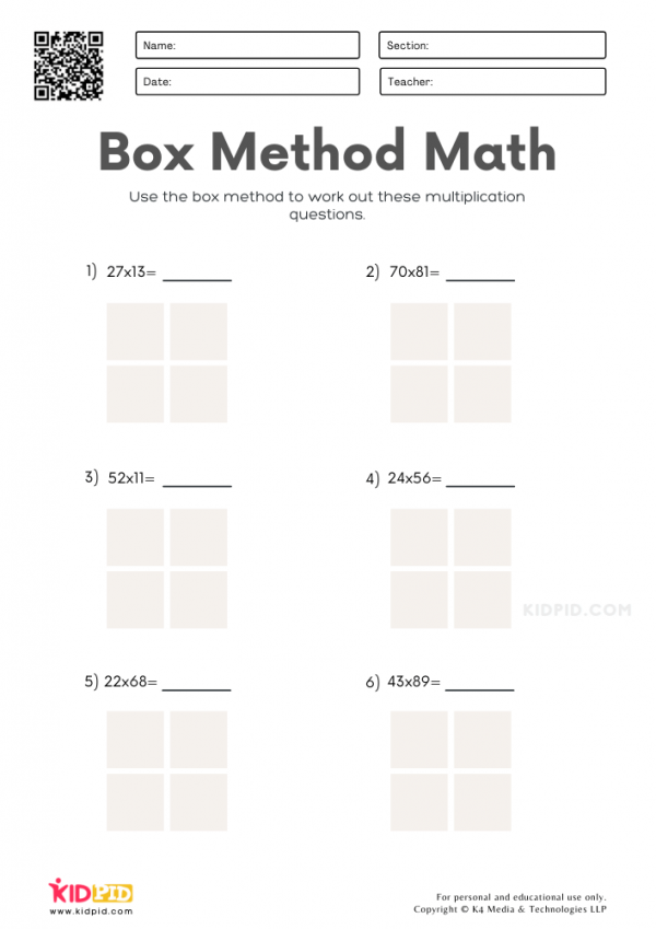 Box Method Multiplication Worksheets for 2 Digit Numbers