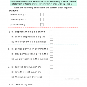 Declarative Sentence Free Printable Worksheets for Grade 1