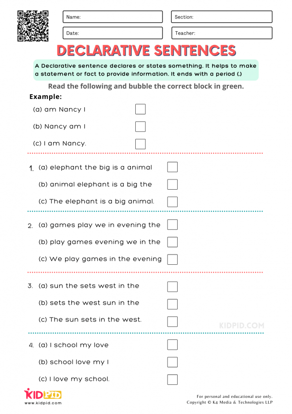 Declarative Sentence Free Printable Worksheets for Grade 1