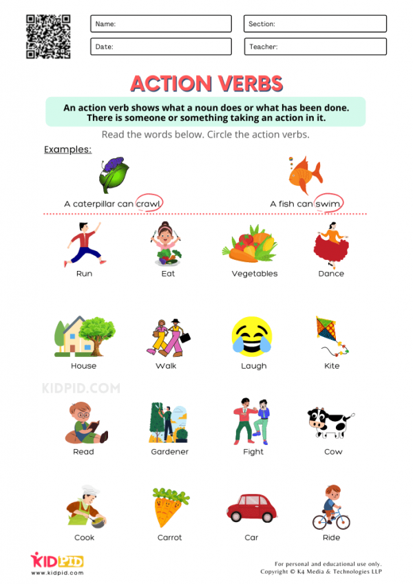 Identify Action Verbs Printable Worksheets for Grade 1