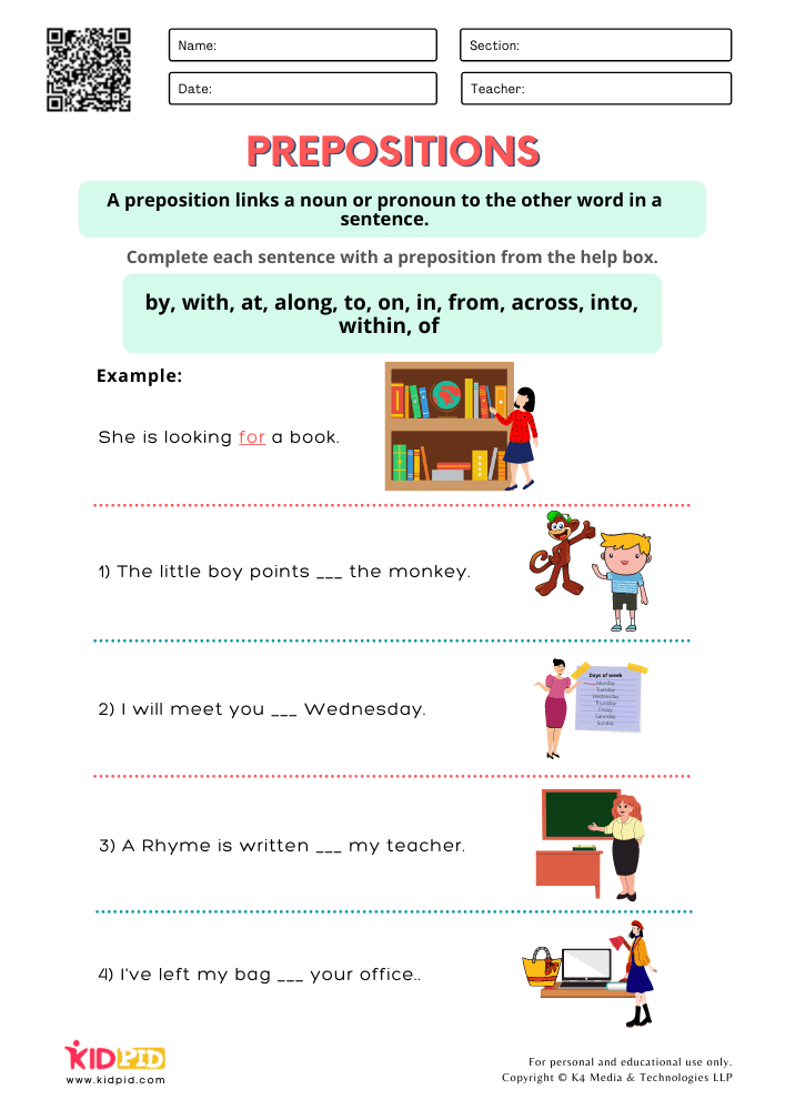 Identify Correct Prepositions Worksheets for Grade 1 - Kidpid