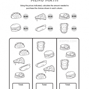 Menu Math Printable Worksheets for Kids