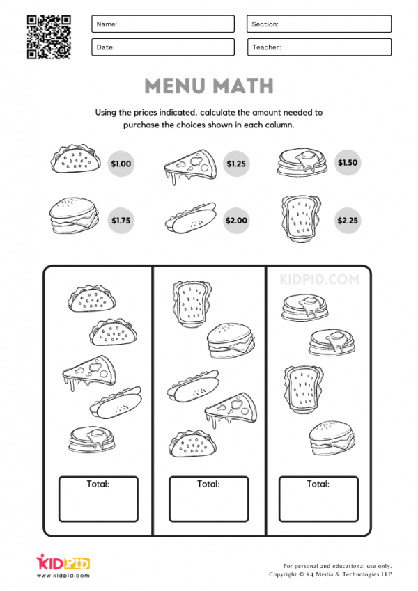 Menu Math Printable Worksheets for Kids