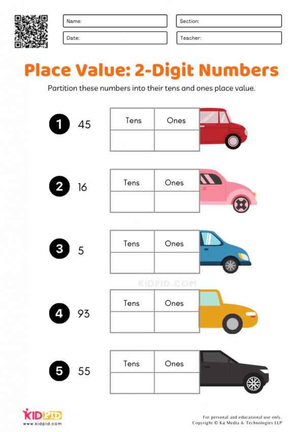 Place Value: 2-Digit Numbers Worksheets for Grade 1