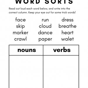 Word Sorts - Nouns and Verbs Worksheets for Kids