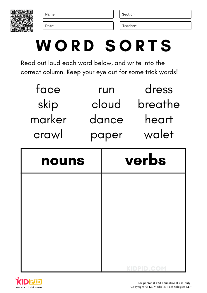 Word Sorts - Nouns and Verbs Worksheets for Kids - Kidpid