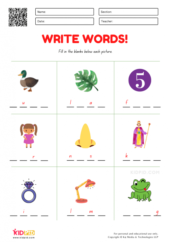 Write 4 Letter Words Worksheet for Grade 1
