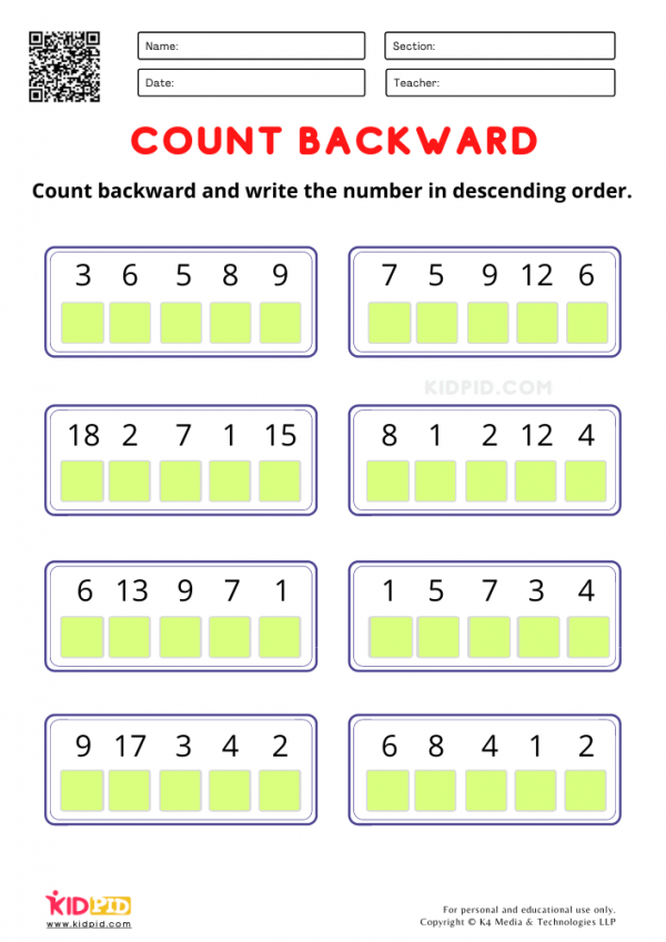 Count Backward and Write the Number Worksheets for Kindergarten