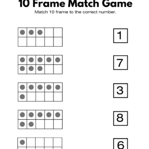Kindergarten Numbers and Counting - 10 frames Matching Game Worksheet