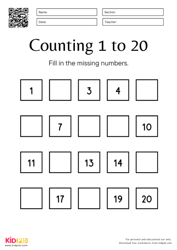 Counting 1 to 20 Math Worksheet in Simple Style