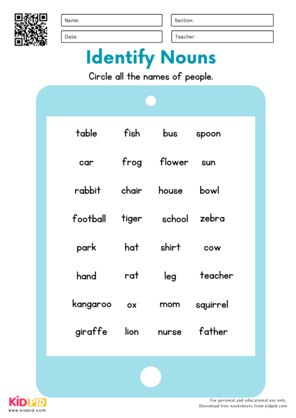 Identify Nouns English Worksheet