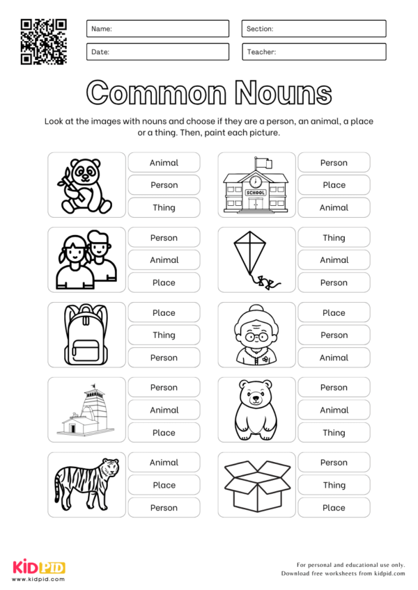 Nouns Worksheet in Coloring Style