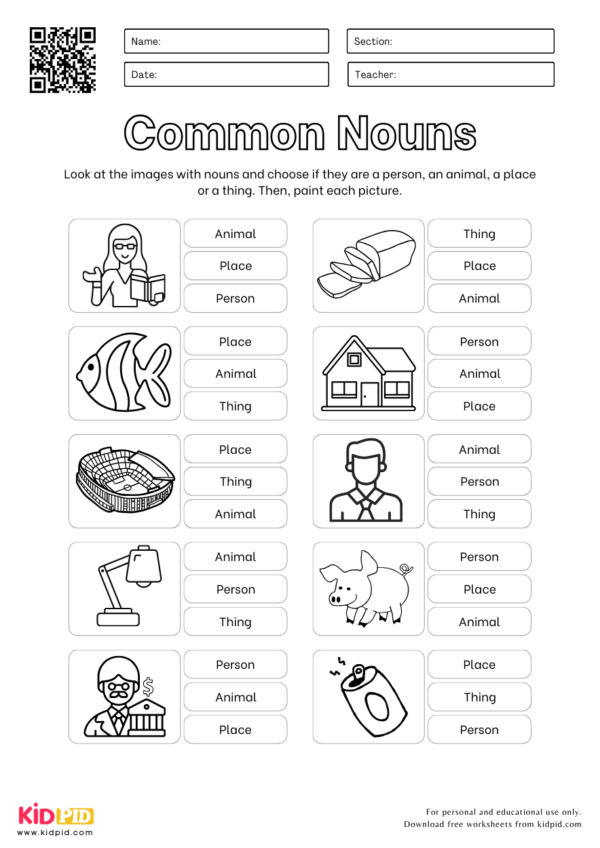 Nouns Worksheet in Coloring Style