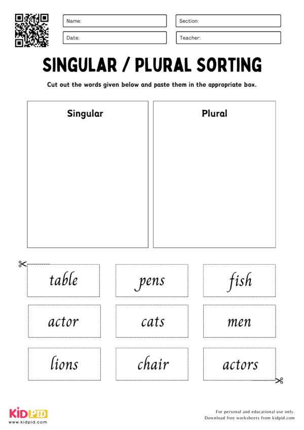 Singular and Plural Noun Cut Paste Activity Worksheet