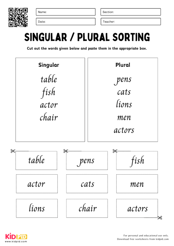 Singular and Plural Noun Cut Paste Activity Worksheet