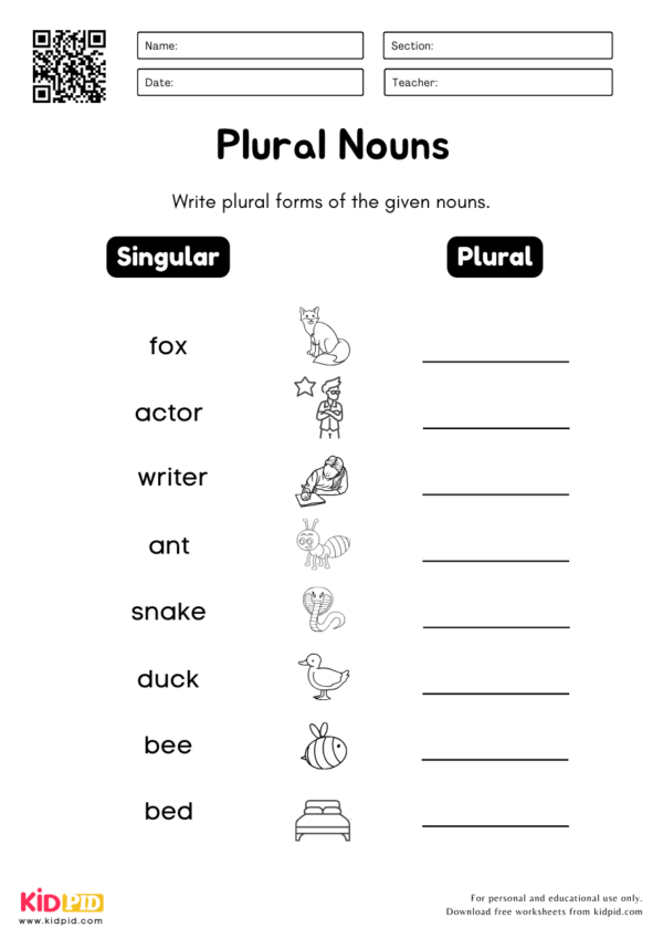 Singular to Plural Writing Worksheet