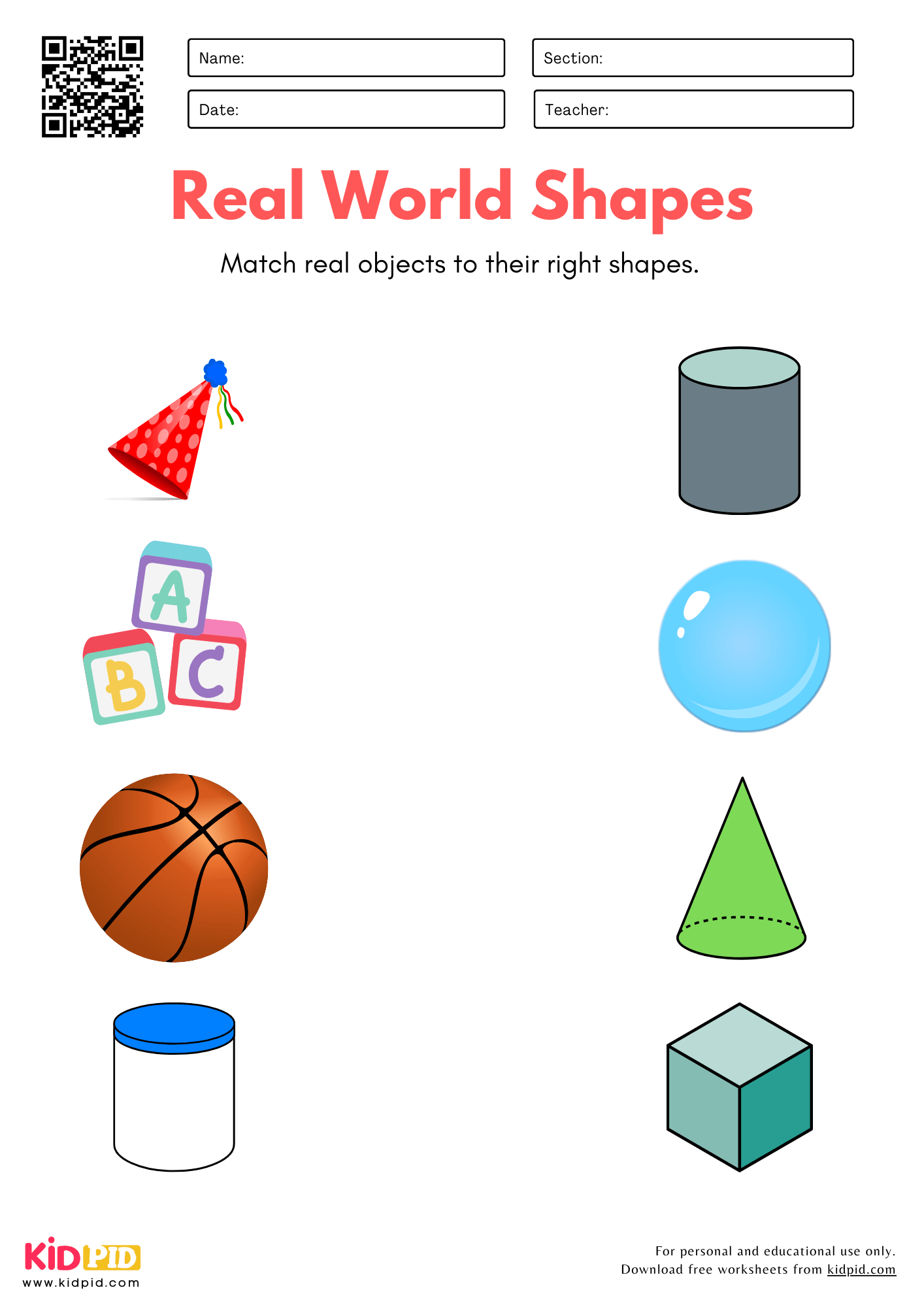 Shape and Real Object Matching Practice Worksheet for Kindergarten - Kidpid