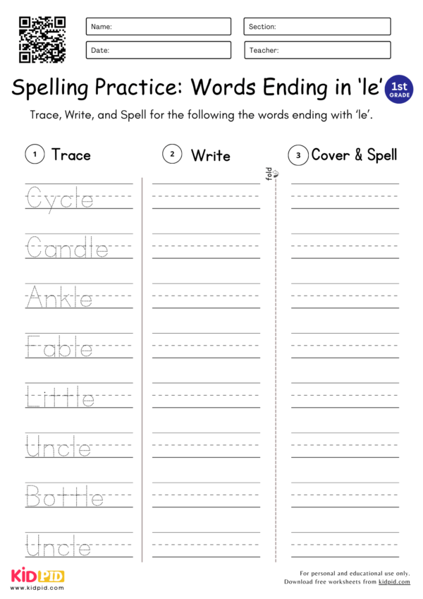 Words Ending in 'le' Worksheet for Grade 1