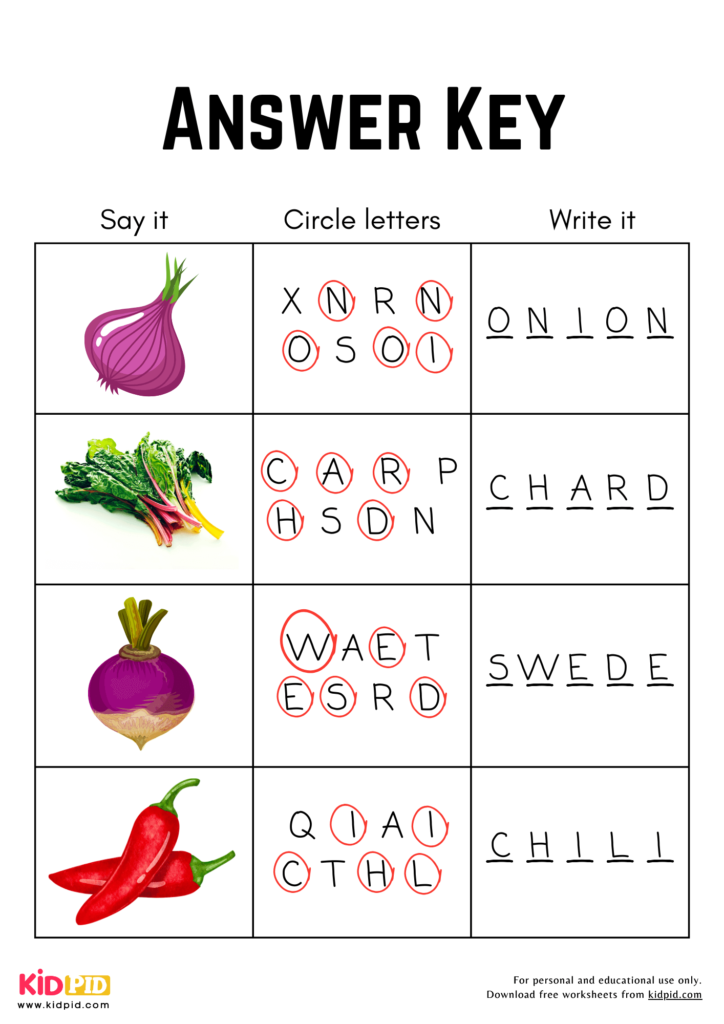 5 Letters Vegetables Spelling Worksheet For Grade 1 - Kidpid