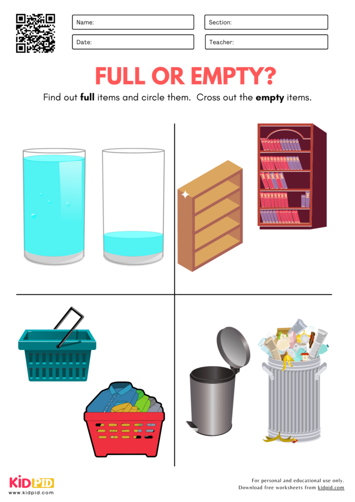 Full & Empty Worksheet for Kindergarten - Kidpid