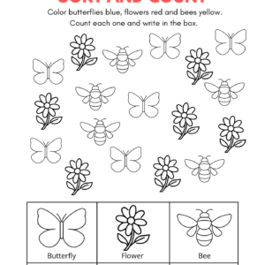 Sort, Color & Count Worksheet for Kindergarten