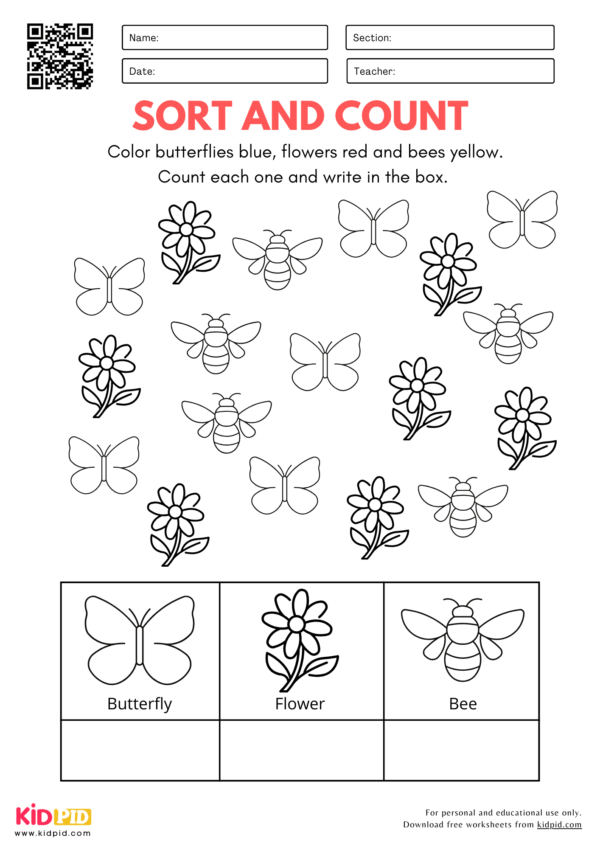Sort, Color & Count Worksheet for Kindergarten