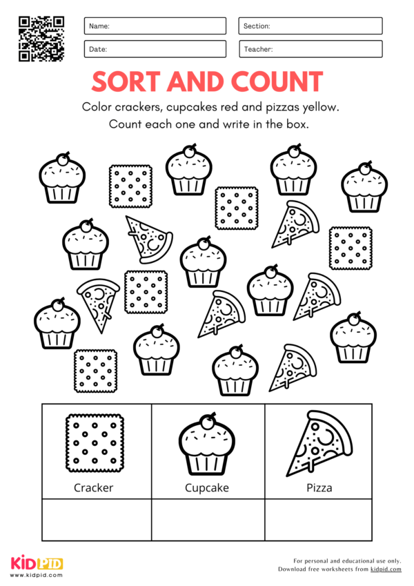 Sort, Color & Count Worksheet for Kindergarten
