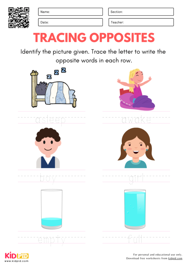 Tracing Opposite Words Worksheets for Kindergarten