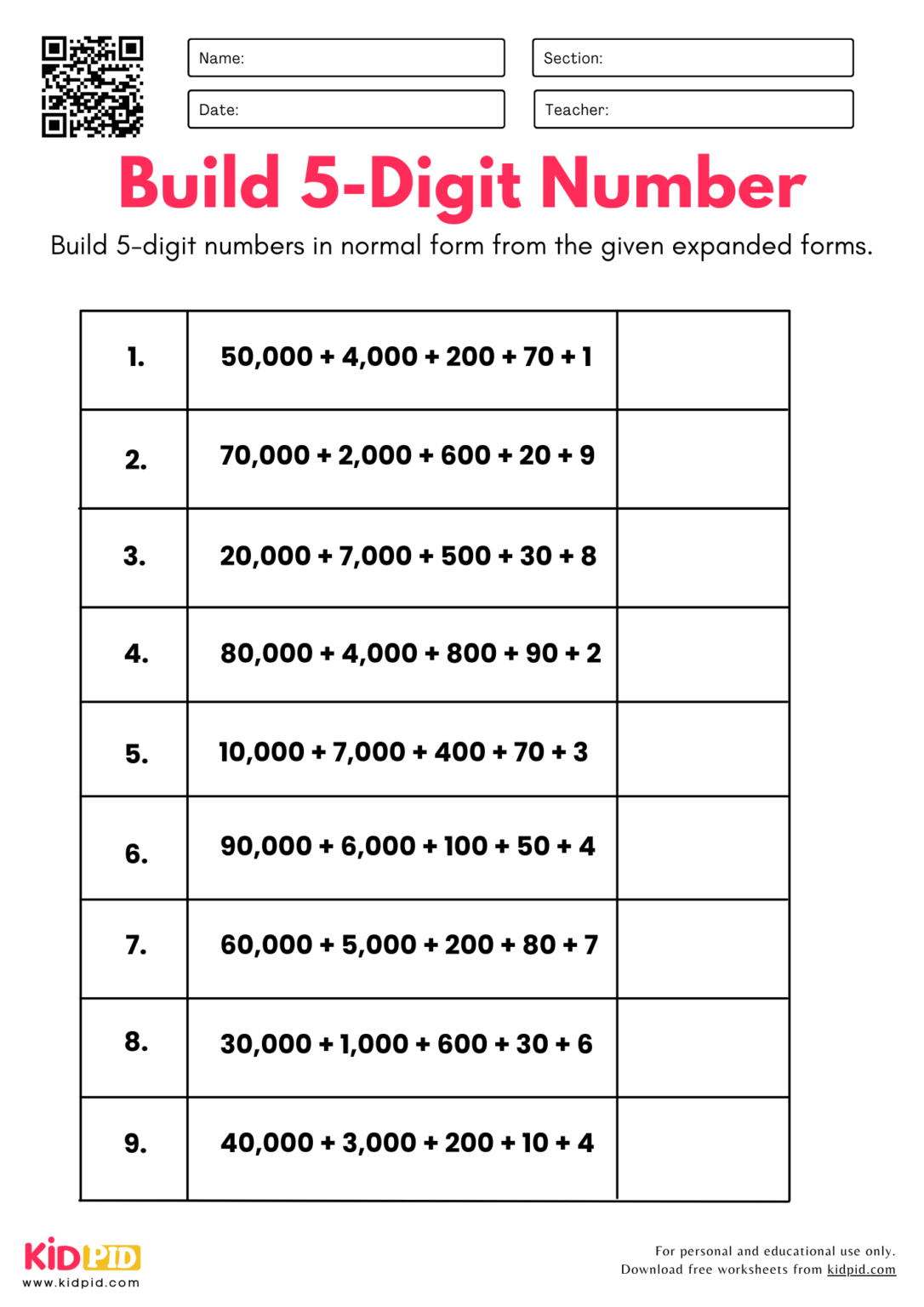 Build 5-Digit Numbers from Parts - Place Value Worksheets For Grade 3 ...
