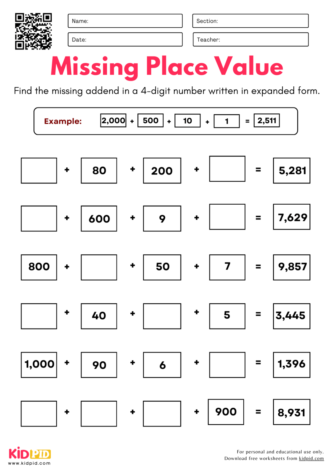 Find Missing Place Value Worksheets For Grade 4 (4-digits) - Kidpid