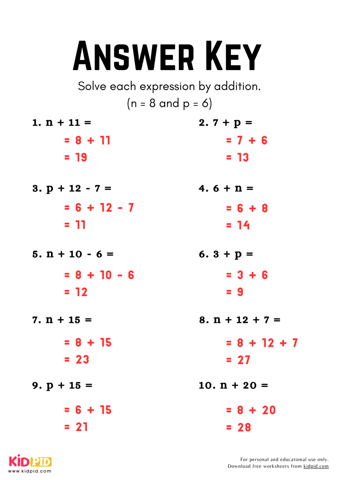 Algebraic Expressions with One Variable (By Addition) Worksheet For ...
