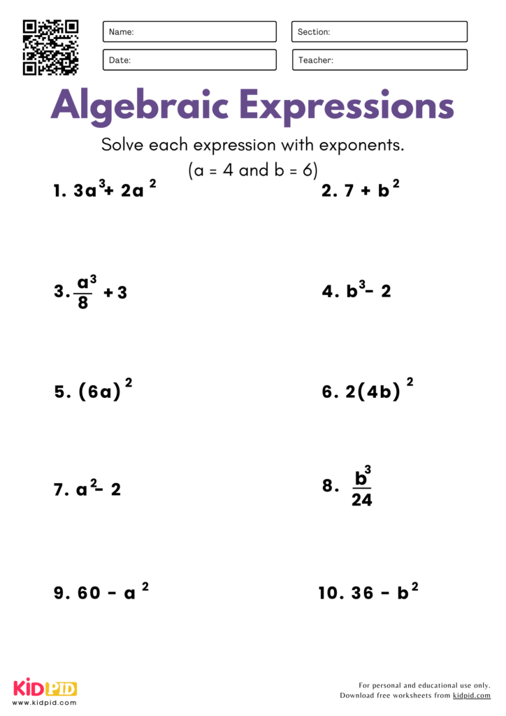 Algebraic Expressions with One Variable (With Exponents) Worksheet For ...