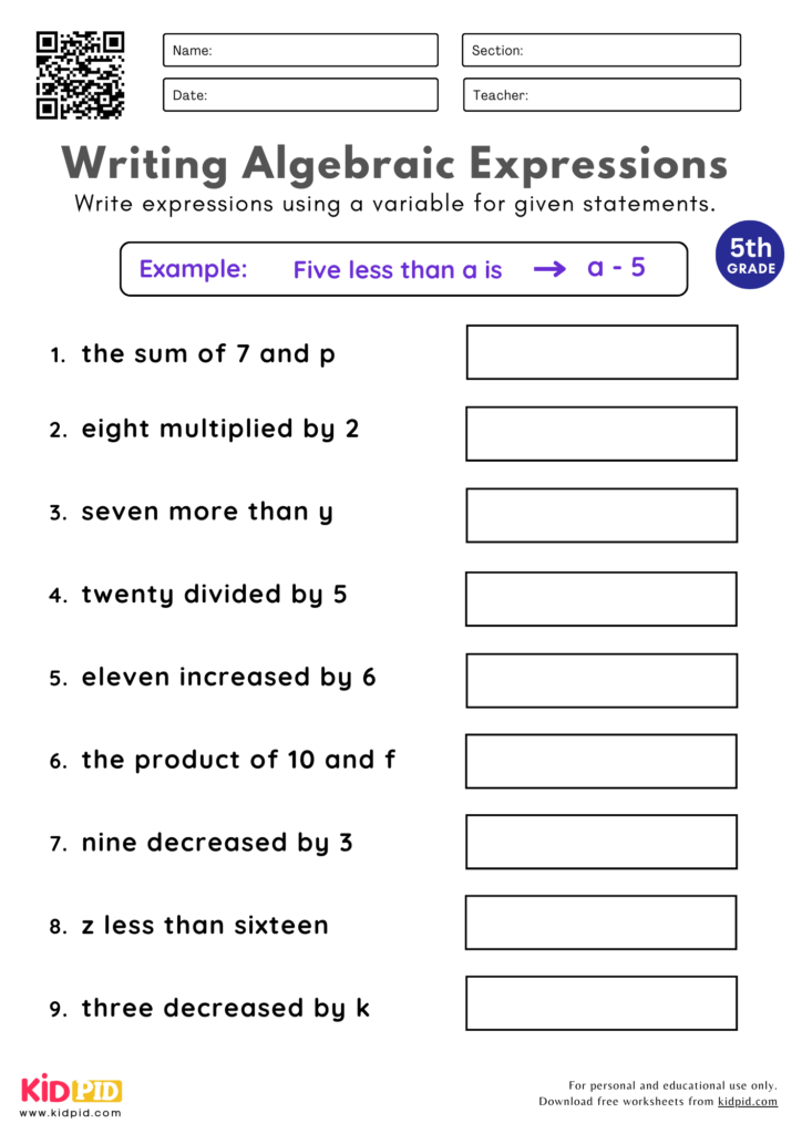 Algebraic Expressions Worksheets Grade 9