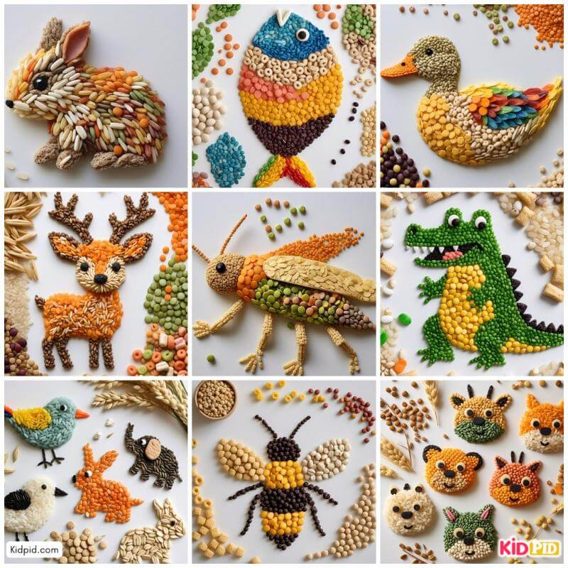 Handmade animal artwork using colorful cereals and pulses 