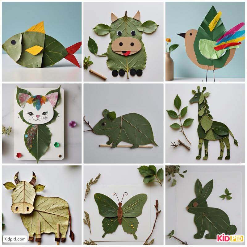 Animal leaf art creations made by dried and fresh leaves