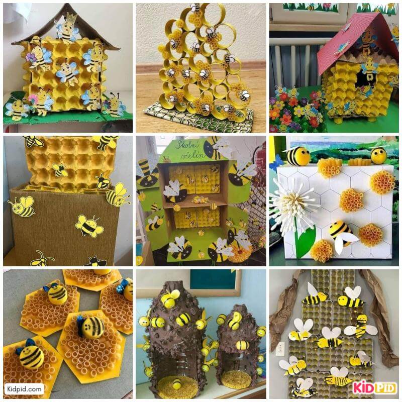 Beehive craft using cardboard, paper, and paint