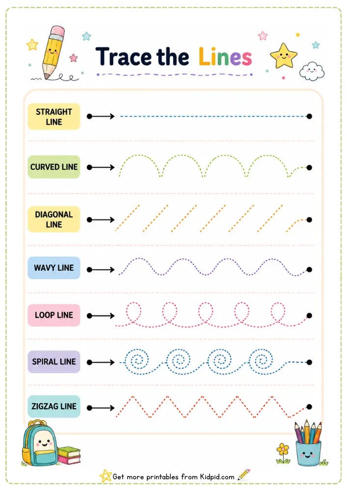 Free Mixed Lines Tracing Worksheets for Early Learning