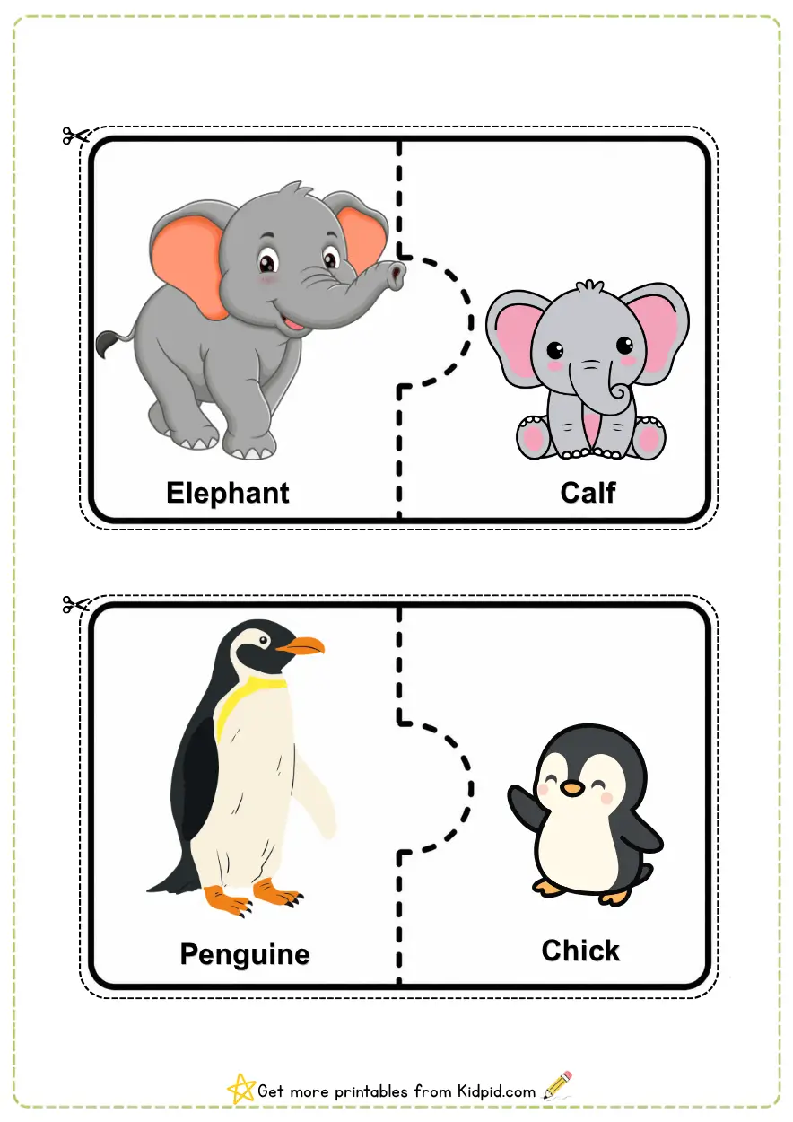 Animals with their Baby Matching Puzzles Worksheets