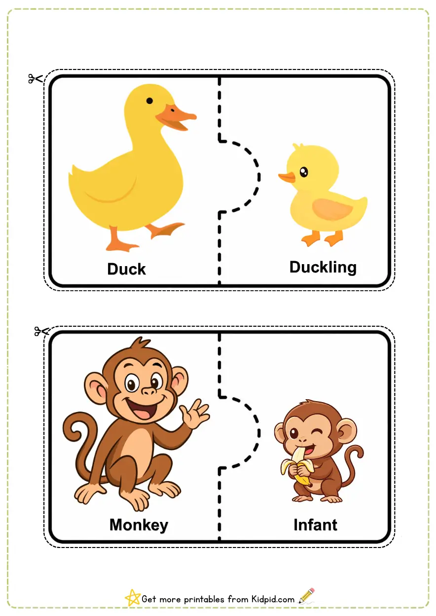 Animals with their Baby Matching Puzzles Worksheets